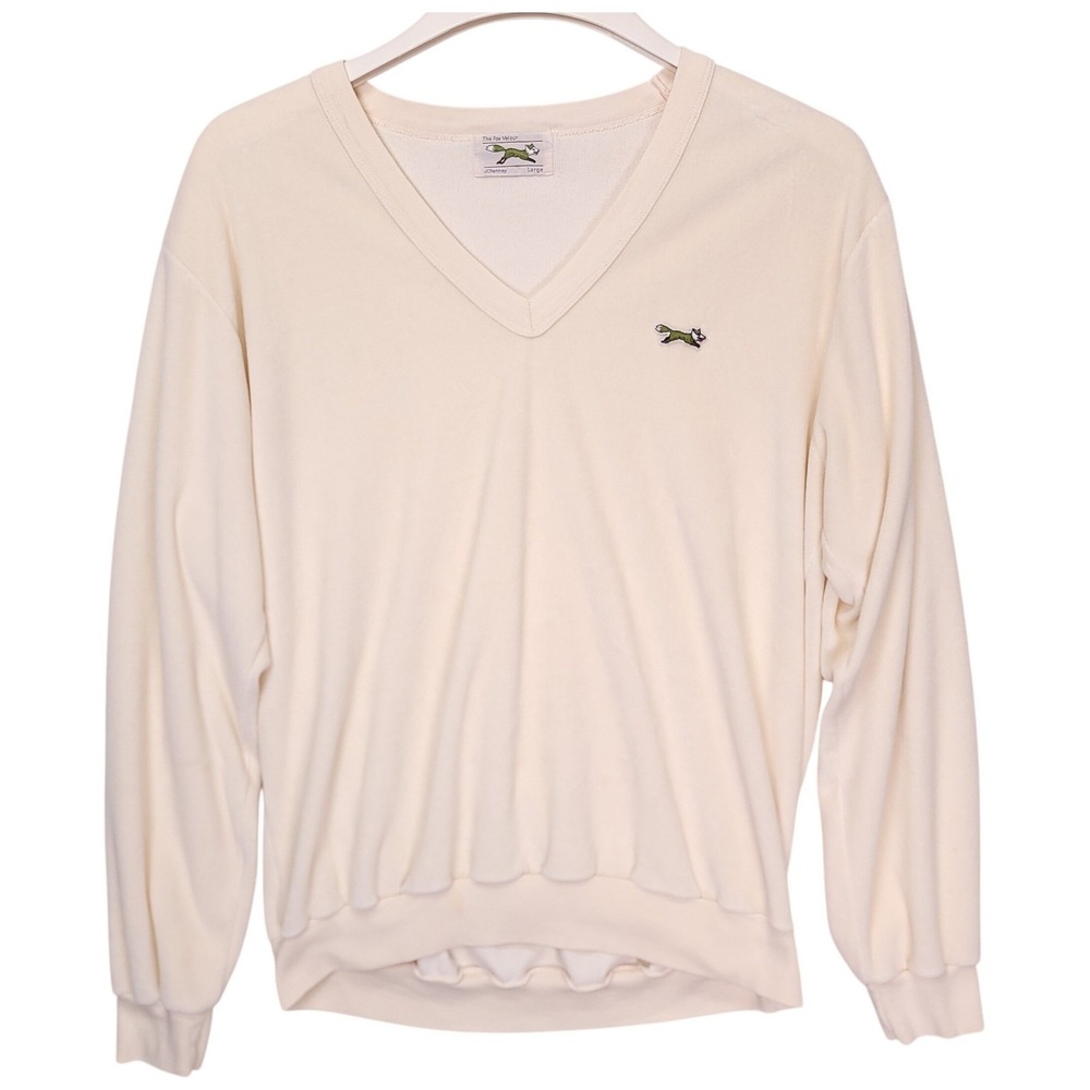Vintage JCPenney The Fox Velour Sweatshirt Cream V-Neck Fox Logo Large 0698